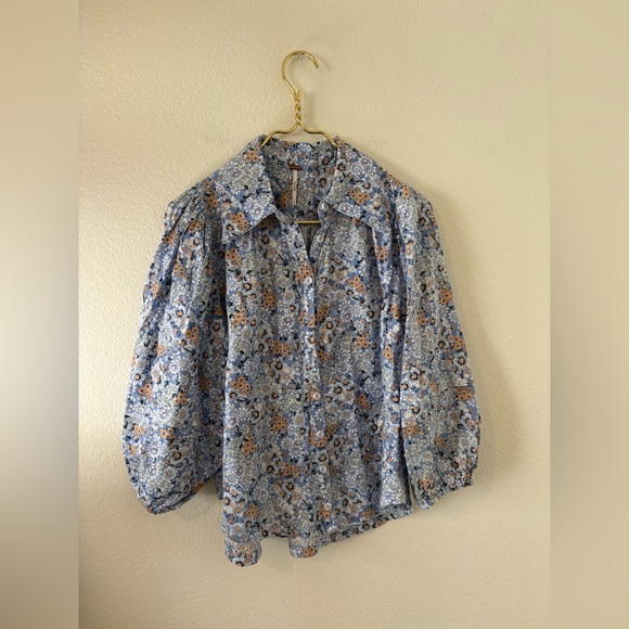 Free People Floral Button Down Shirt - Blue and Orange - Picture 1 of 5